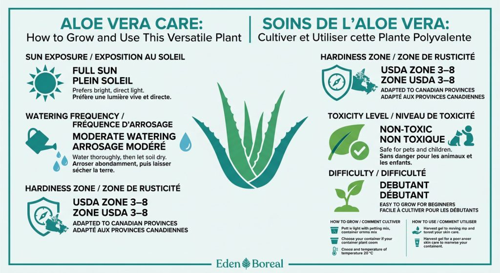 Aloe Vera Care: How to Grow and Use This Versatile Plant — care & hardiness zone infographic