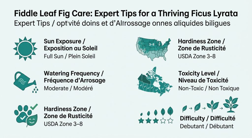 Fiddle Leaf Fig Care: Expert Tips for a Thriving Ficus Lyrata — care & hardiness zone infographic