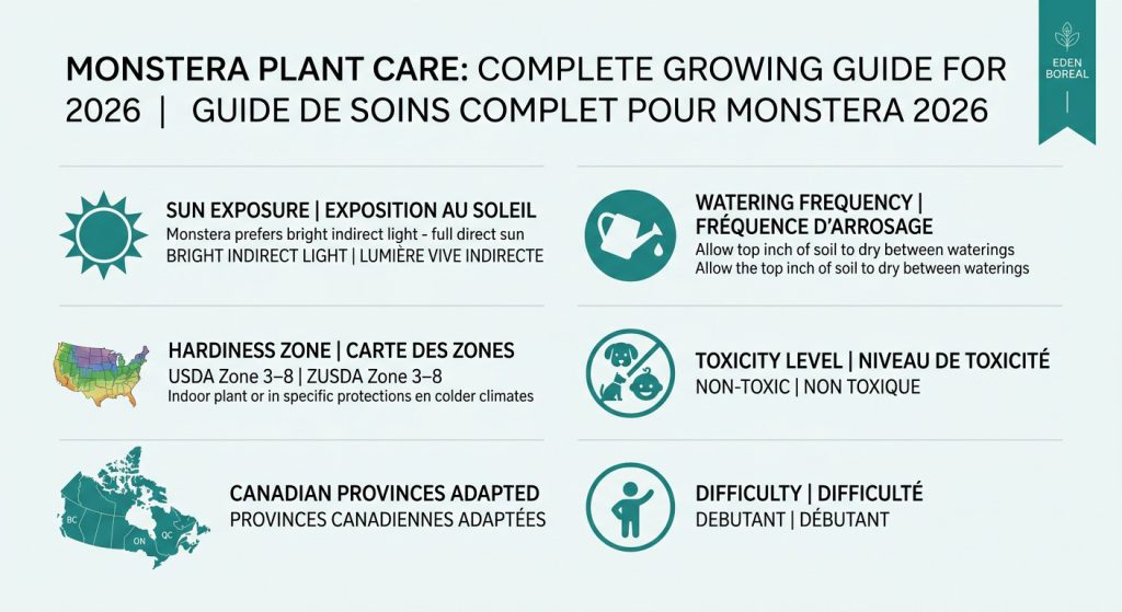 Monstera Plant Care: Complete Growing Guide for 2026 — care & hardiness zone infographic
