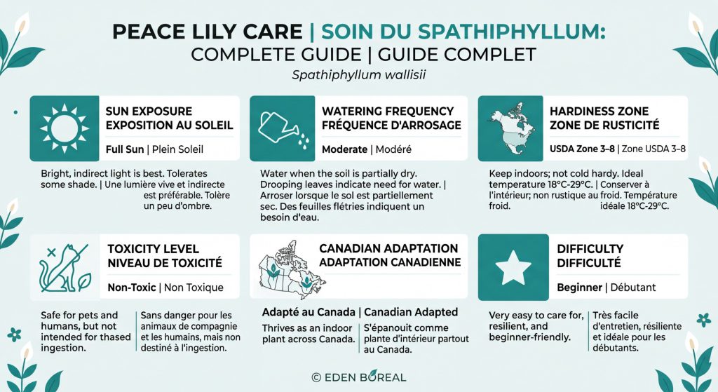 Peace Lily Care: Complete Guide to Growing Spathiphyllum — care & hardiness zone infographic