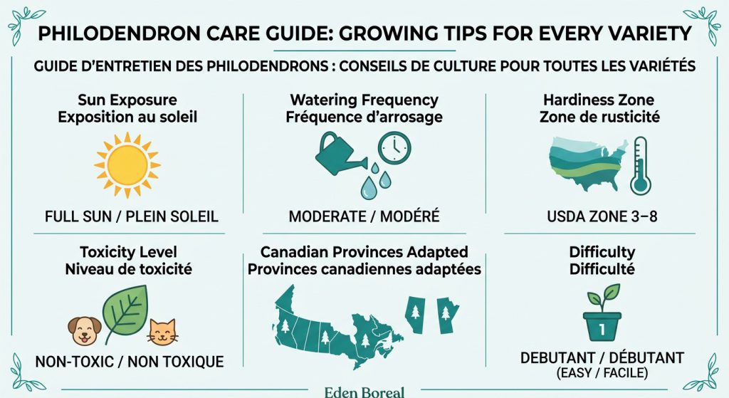 Philodendron Care Guide: Growing Tips for Every Variety — care & hardiness zone infographic
