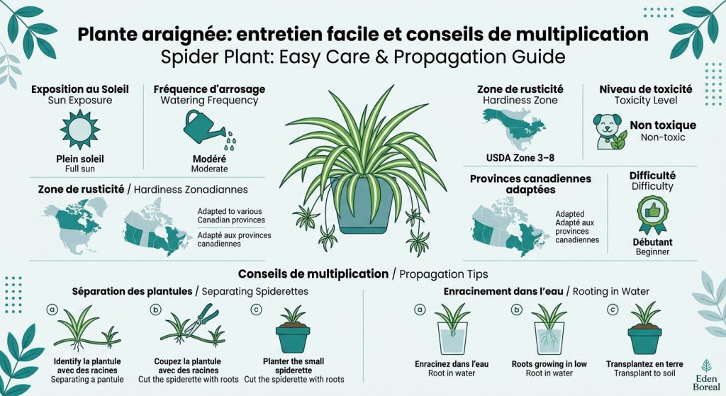 Plante araignée : entretien facile et conseils de multiplication — infographie soins et zones de rusticité