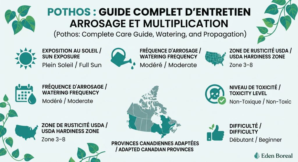 Pothos : guide complet d'entretien, arrosage et multiplication — infographie soins et zones de rusticité