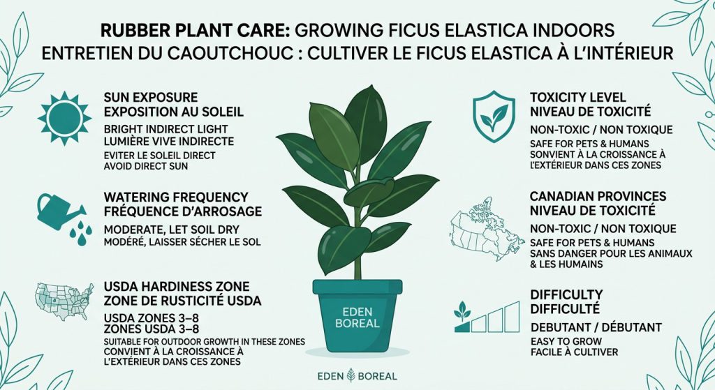 Rubber Plant Care: Growing Ficus Elastica Indoors — care & hardiness zone infographic