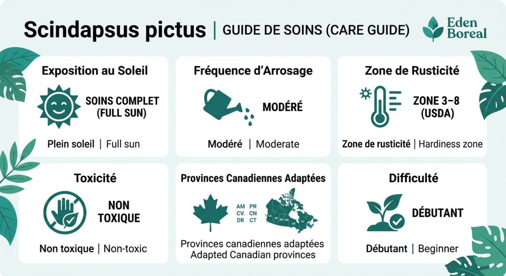 Scindapsus : entretien, arrosage et conseils de culture — infographie soins et zones de rusticité