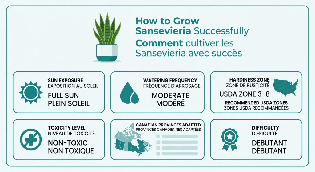 Snake Plant Care: How to Grow Sansevieria Successfully — care & hardiness zone infographic