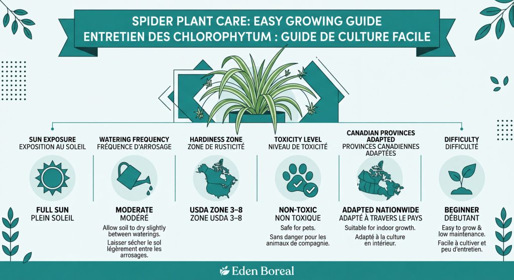 Spider Plant Care: Easy Growing Guide for Chlorophytum — care & hardiness zone infographic