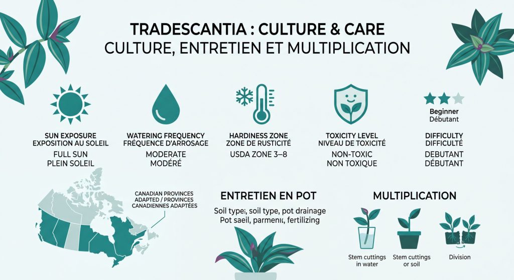 Tradescantia : culture, entretien et multiplication en pot — infographie soins et zones de rusticité