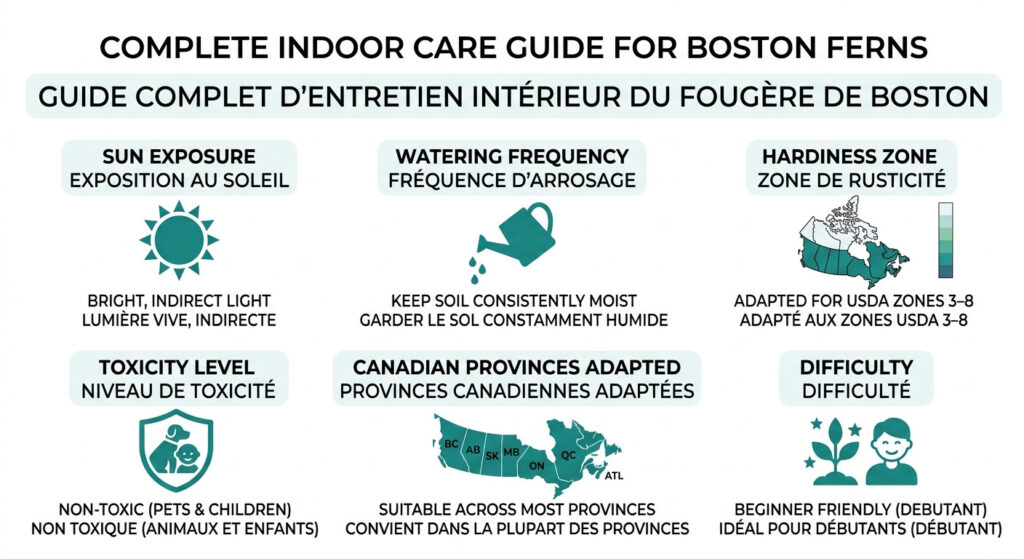 Boston Fern Complete Indoor Care Guide for Canadian Homes - care & hardiness zone infographic