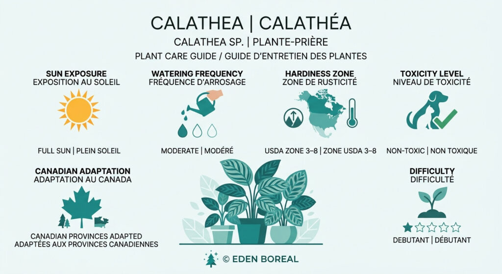 Calathea — infographie soins et zones de rusticité