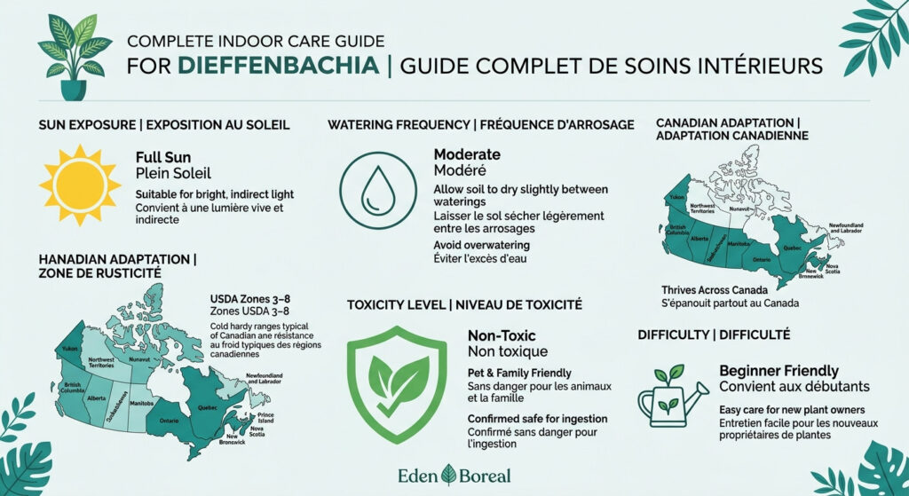Dieffenbachia Complete Indoor Care Guide for Canadian Homes - infographie soins et zones de rusticité