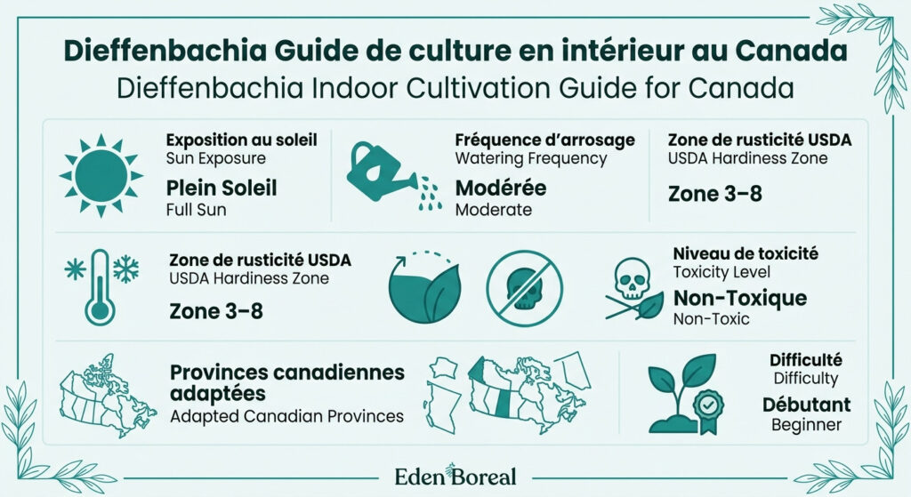 Dieffenbachia Guide de culture en intérieur au Canada - infographie soins et zones de rusticité