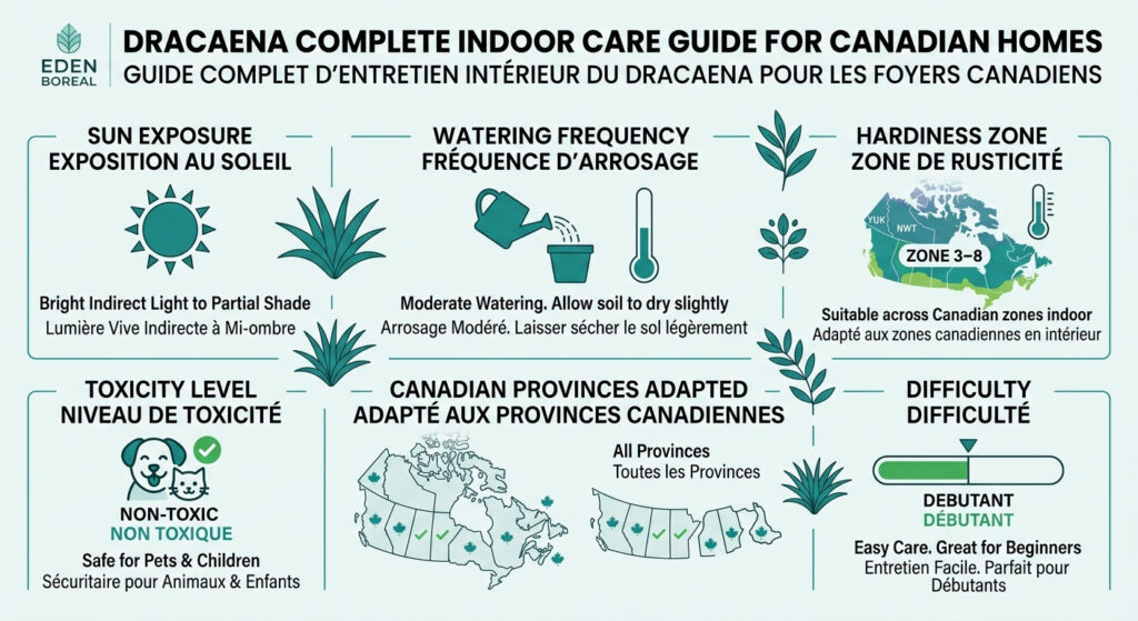 Dracaena Complete Indoor Care Guide for Canadian Homes - infographie soins et zones de rusticité
