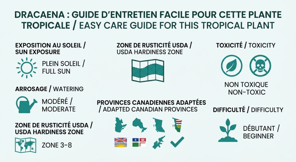 Dracaena : guide d'entretien facile pour cette plante tropicale - infographie soins et zones de rusticité