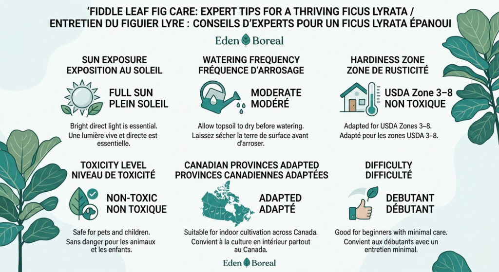 Fiddle Leaf Fig Care: Expert Tips for a Thriving Ficus Lyrata — care & hardiness zone infographic