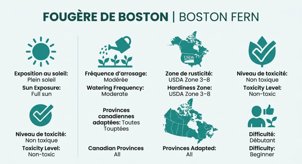 Fougere de Boston — infographie soins et zones de rusticité