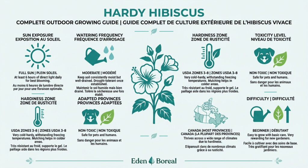 Hardy Hibiscus Complete Outdoor Growing Guide - care & hardiness zone infographic