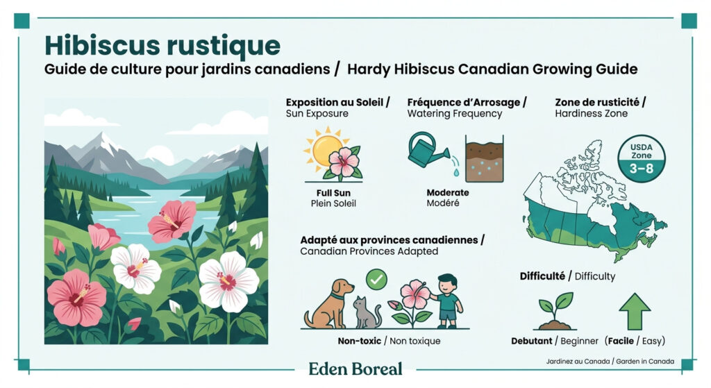 Hibiscus rustique Guide de culture pour jardins canadiens — infographie soins et zones de rusticité