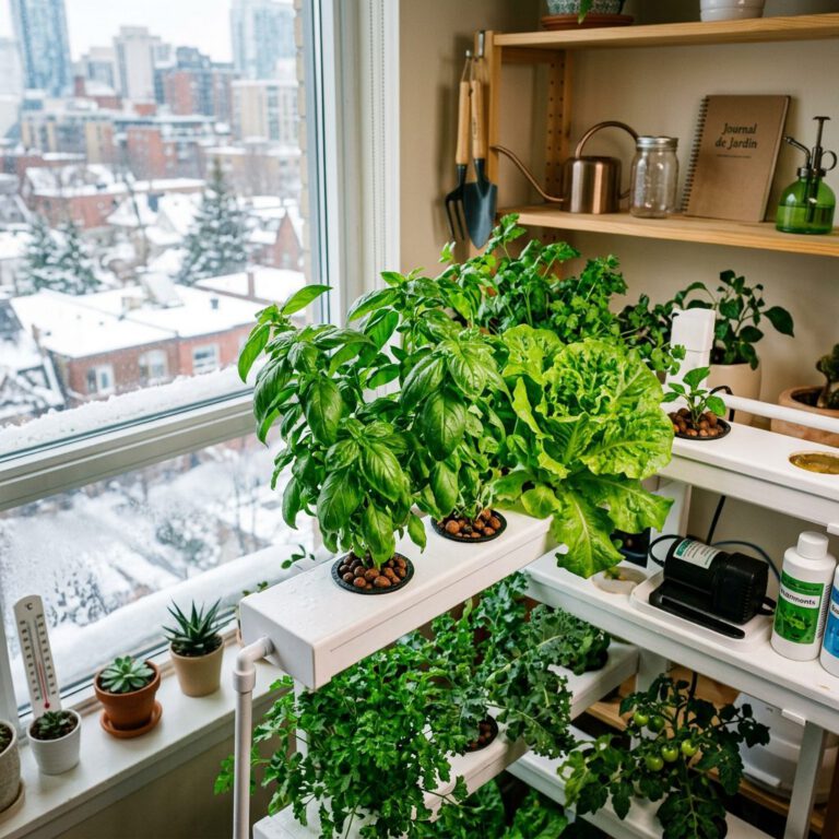 Installer son système d'hydroponie en appartement au Canada — gros plan botanique, détails et variétés