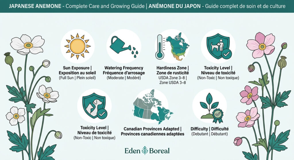 Japanese Anemone - Complete Care and Growing Guide — care & hardiness zone infographic