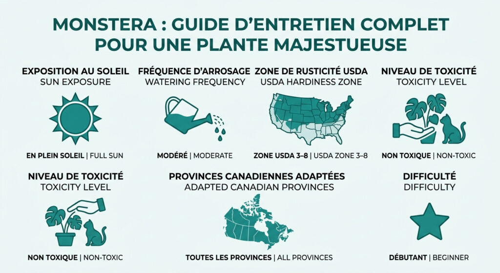Monstera : guide d'entretien complet pour une plante majestueuse — infographie soins et zones de rusticité
