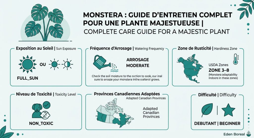 Monstera : guide d'entretien complet pour une plante majestueuse — infographie soins et zones de rusticité