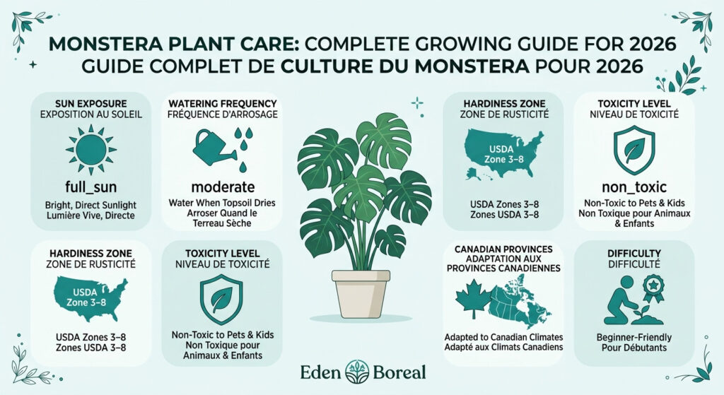 Monstera Plant Care: Complete Growing Guide for 2026 — care & hardiness zone infographic