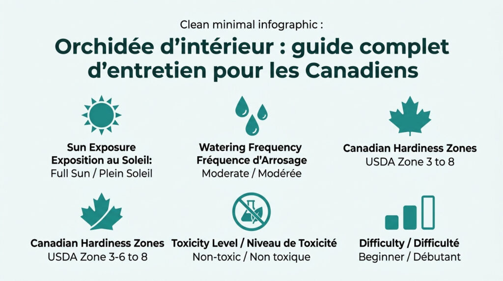 Orchidée d'intérieur : guide complet d'entretien pour les Canadiens — infographie soins et zones de rusticité