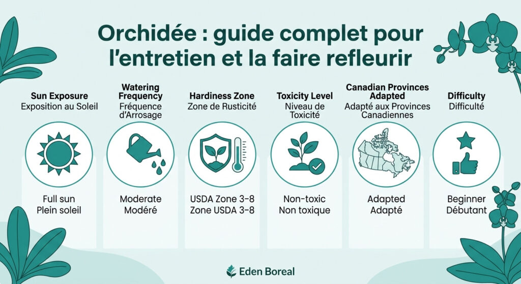 Orchidée : guide complet pour l'entretien et la faire refleurir - infographie soins et zones de rusticité