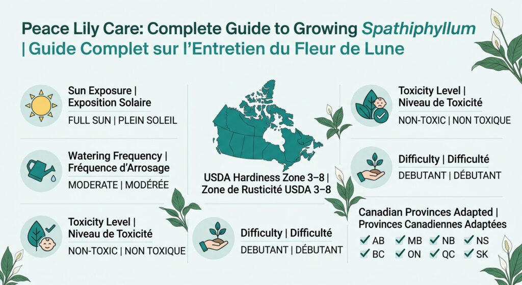 Peace Lily Care: Complete Guide to Growing Spathiphyllum - care & hardiness zone infographic