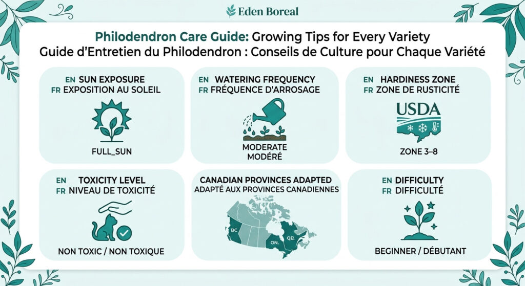 Philodendron Care Guide: Growing Tips for Every Variety — care & hardiness zone infographic