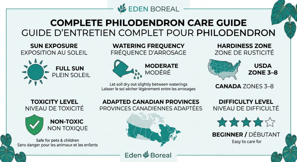 Philodendron : guide d'entretien complet pour toutes les variétés — infographie soins et zones de rusticité