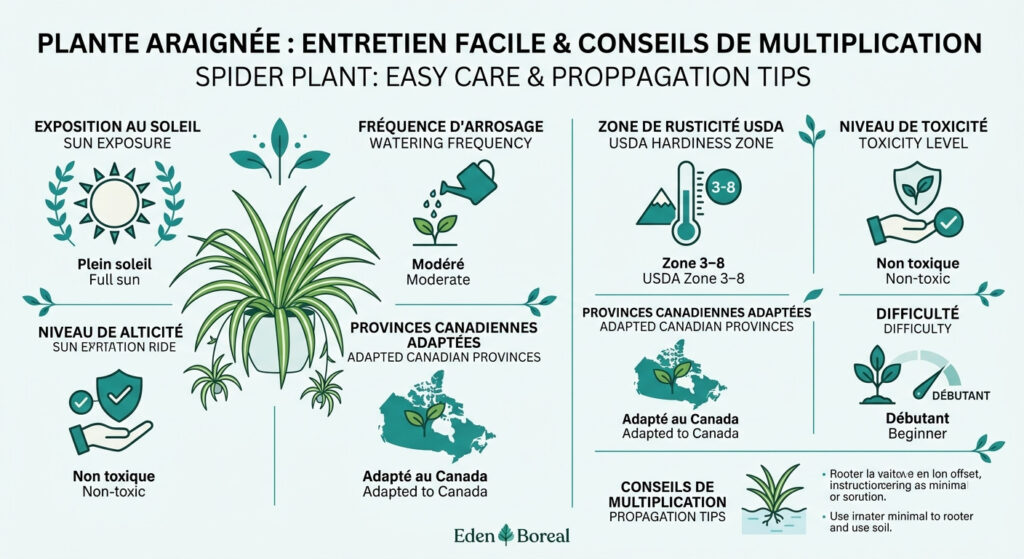 Plante araignée : entretien facile et conseils de multiplication - infographie soins et zones de rusticité