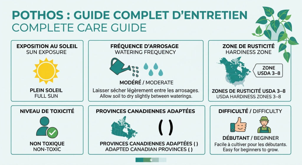 Pothos : guide complet d'entretien, arrosage et multiplication — infographie soins et zones de rusticité
