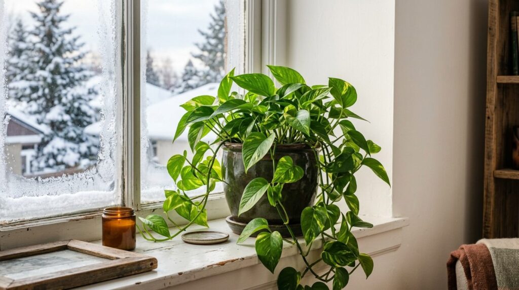 Pothos plant on windowsill in Canadian winter