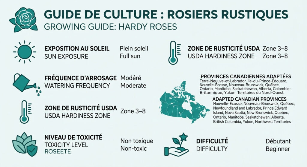 Rosiers rustiques — infographie soins et zones de rusticité