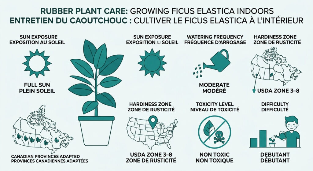 Rubber Plant Care: Growing Ficus Elastica Indoors — care & hardiness zone infographic