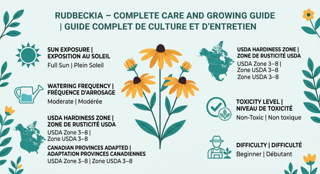 Rudbeckia - Complete Care and Growing Guide — care & hardiness zone infographic