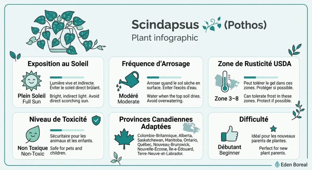 Scindapsus : entretien, arrosage et conseils de culture - infographie soins et zones de rusticité