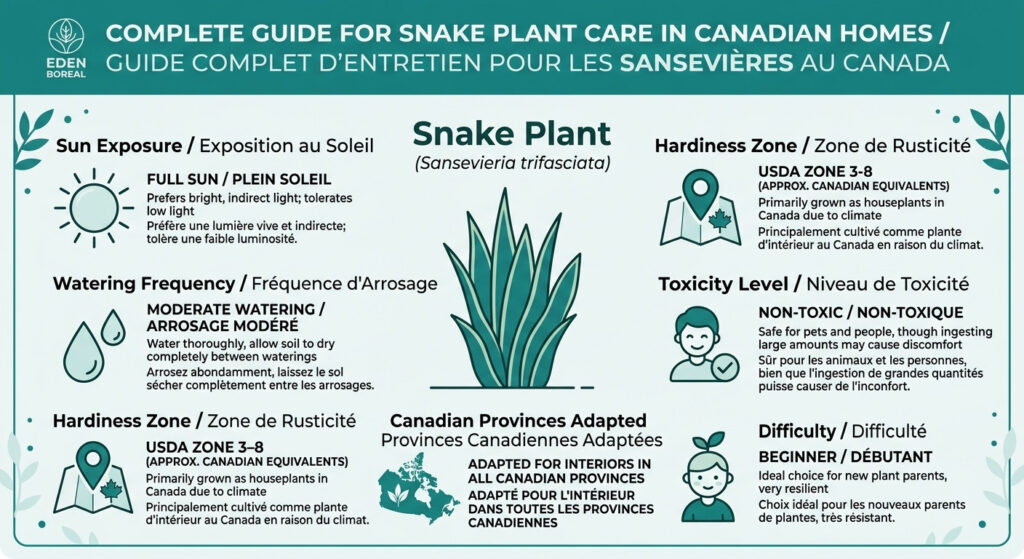 Snake Plant Care: Complete Guide for Canadian Homes — care & hardiness zone infographic