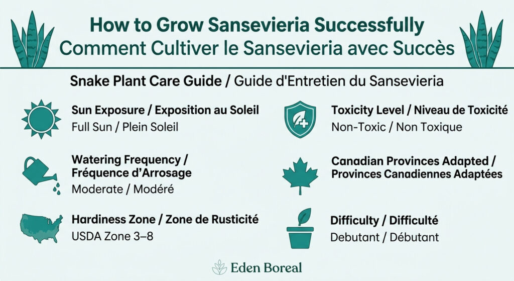 Snake Plant Care: How to Grow Sansevieria Successfully — care & hardiness zone infographic