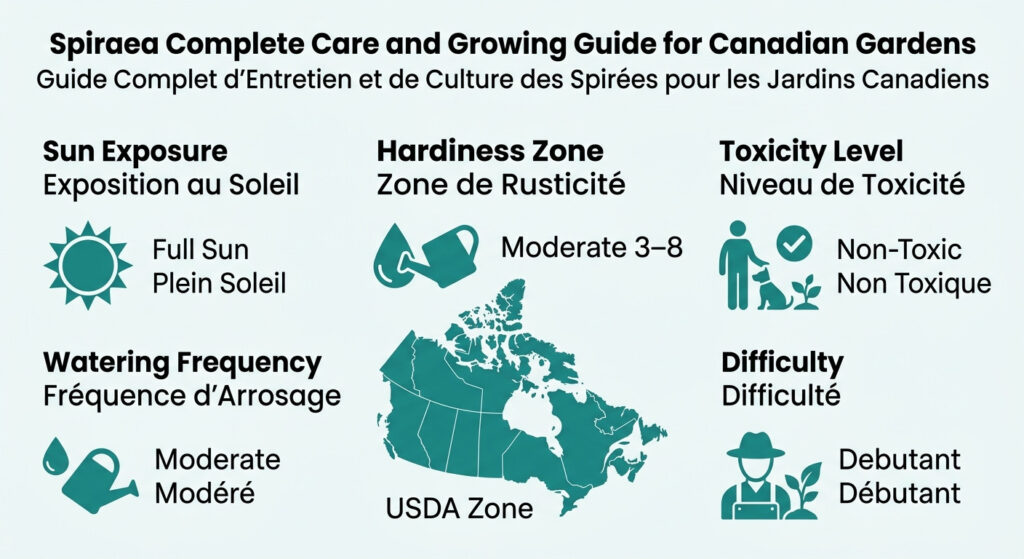 Spiraea Complete Care and Growing Guide for Canadian Gardens - care & hardiness zone infographic