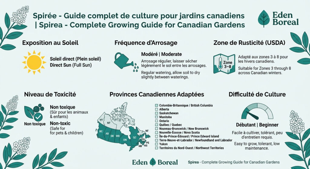 Spirée Guide complet de culture pour jardins canadiens - infographie soins et zones de rusticité