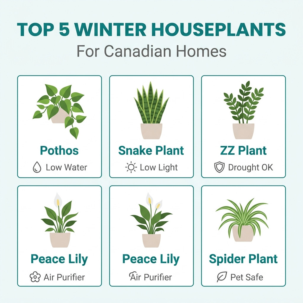 Top 5 low-maintenance winter houseplants infographic — Eden Boreal