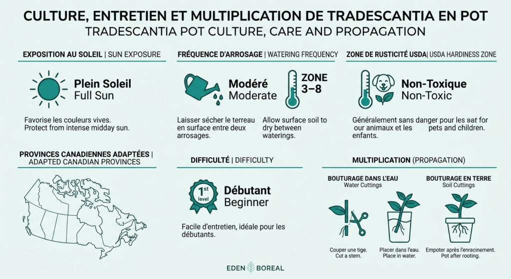 Tradescantia : culture, entretien et multiplication en pot - infographie soins et zones de rusticité