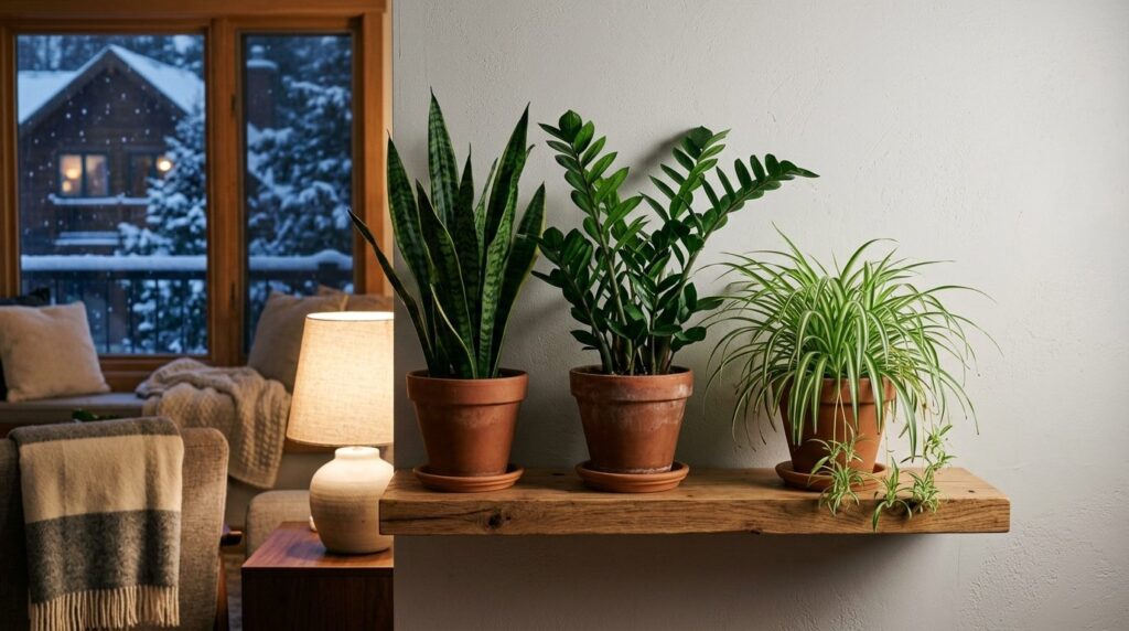 Low-maintenance houseplants on shelf in Canadian home in winter
