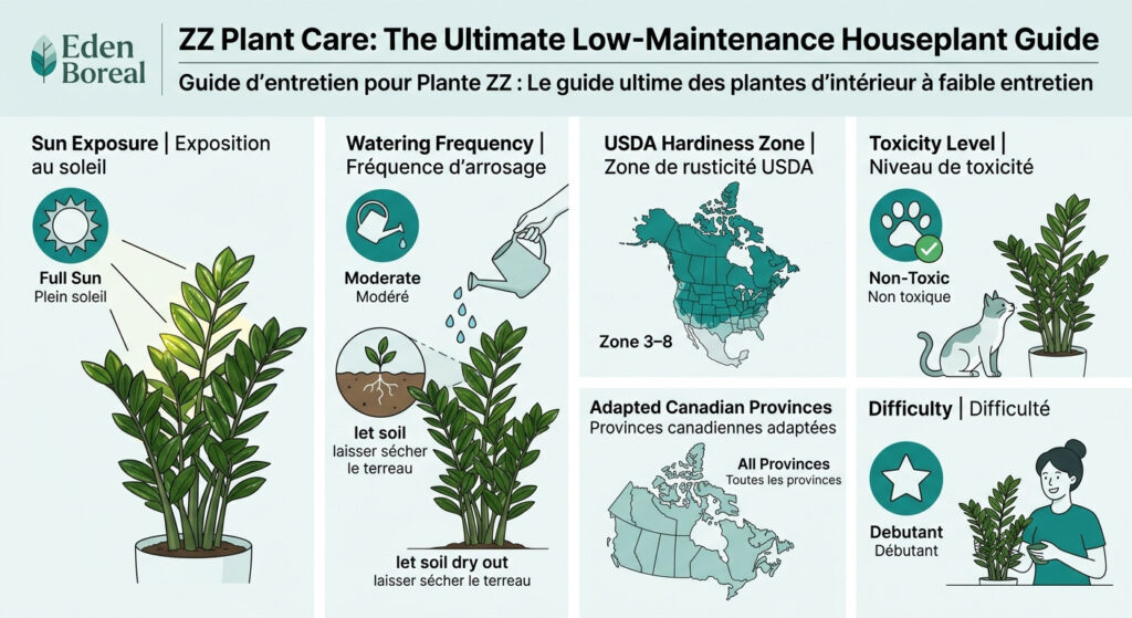 ZZ Plant Care: The Ultimate Low-Maintenance Houseplant Guide - care & hardiness zone infographic