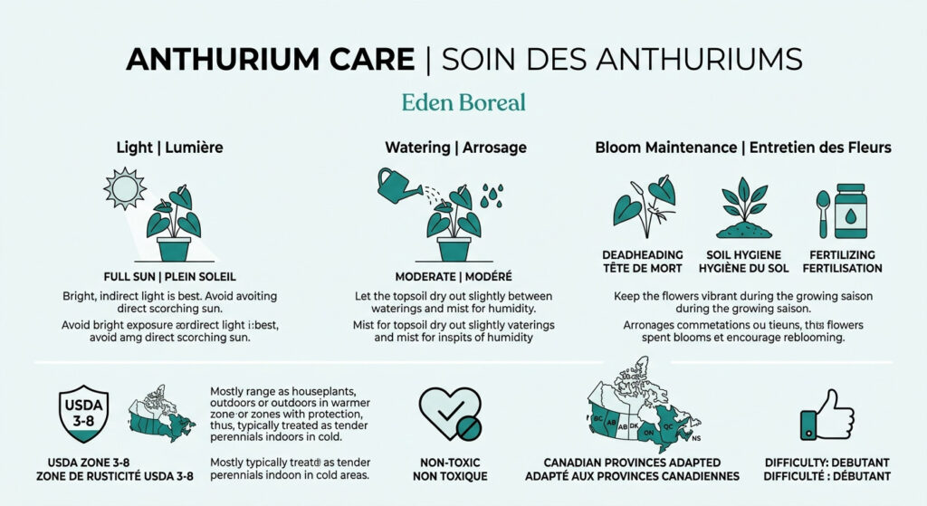 Anthurium Care: Light, Watering, and Bloom Maintenance — care & hardiness zone infographic