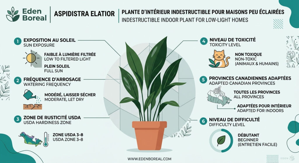 Aspidistra elatior : plante d'intérieur indestructible pour maisons peu éclairées — infographie soins et zones de rusticité
