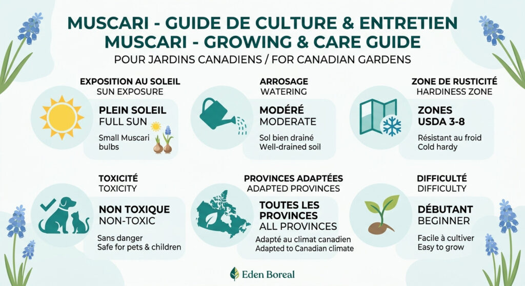 Muscari - Guide de culture et entretien pour jardins canadiens — infographie soins et zones de rusticité